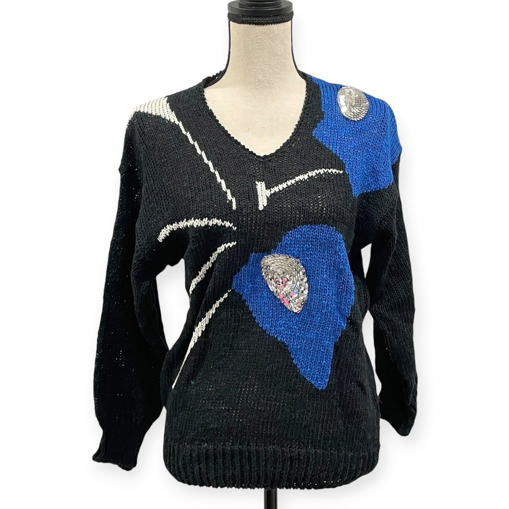 Vintage 80s Black Blue Abstract Sequin Linen Blend Sweater Womens L Party Bold
